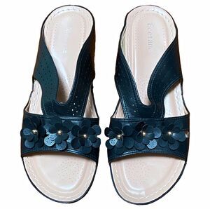 Ecetana Women's BLK Slip-On Wedge Sandals Floral Straps Ecetana's EU42 US 9.5/10